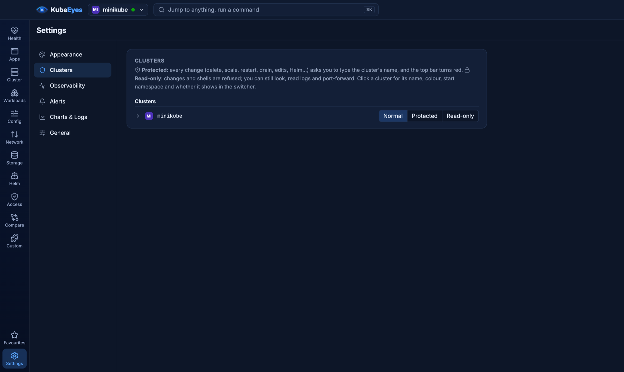 Cluster settings with Normal, Protected and Read-only safety levels